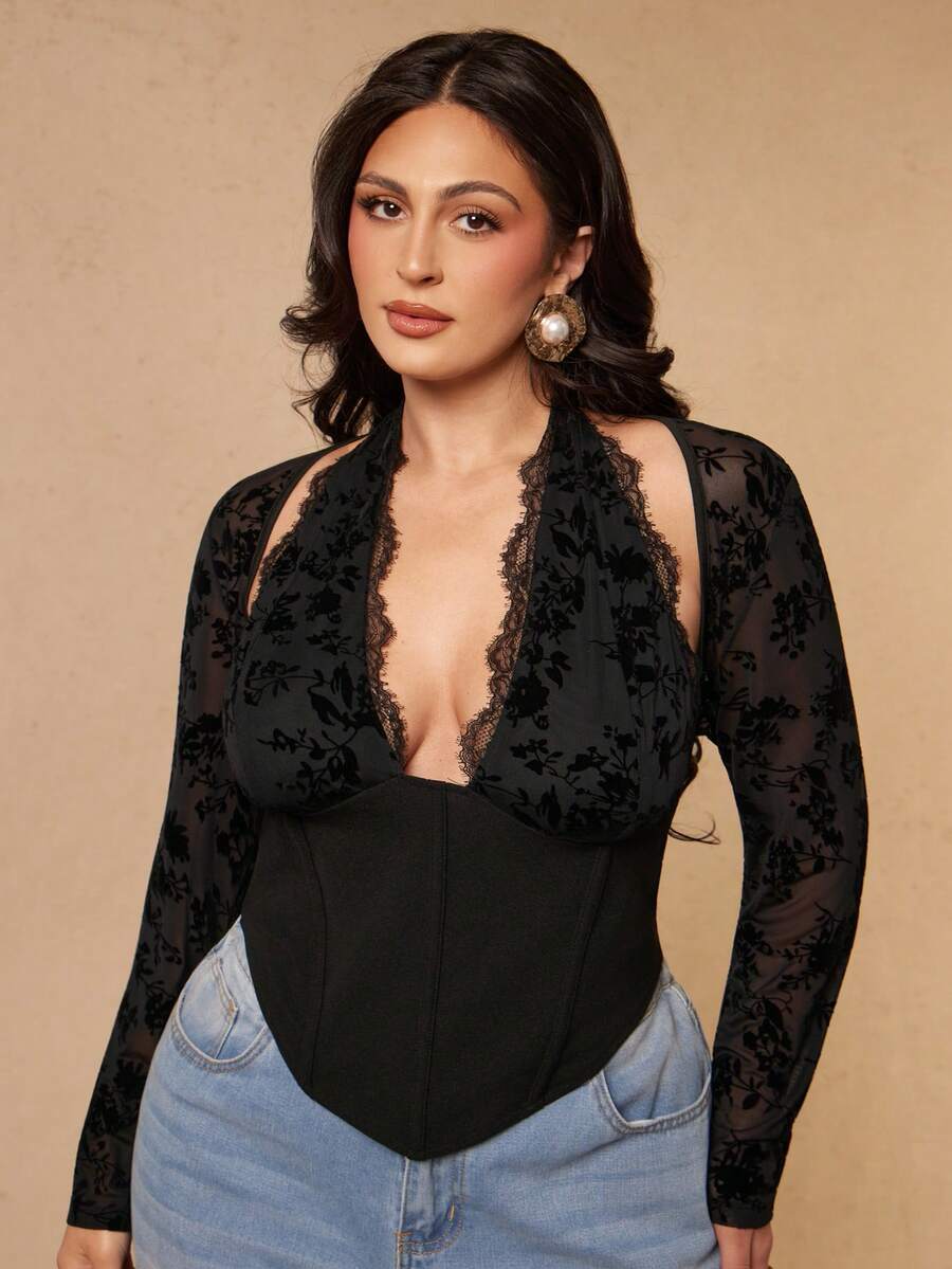 SHEIN BAE CURVE 大尺碼女款黑色植絨性感上衣 - 黑色 - 查看 1