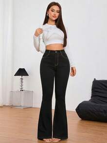 SHEIN Tall 女士高腰修身喇叭牛仔裤 - 黑色 - 查看 3