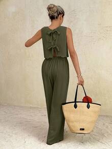 SHEIN Frenchy Women's Solid Color Back Knot Sleeveless Shirt And Pants 2pcs Set For Vacation - Army Green - View 6