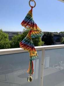 Cirelle 1pc Boho Rainbow Spiral Macrame Hanging Ornament | Hand-Woven Mobile With Brass Bell For Window, Patio - multicolor - View 7