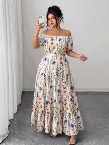 Elenzga Boho Plus Size Long Dress Apricot Random Print Off Shoulder A Line Flared Hem Shirred Puff Sleeve For Women - Apricot - View 5