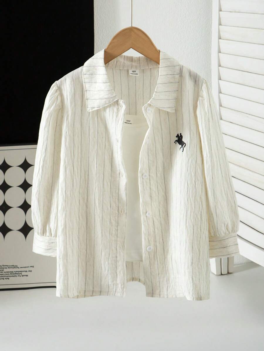 SHEIN Girls' Simple Fashionable Striped Shirt With Puff Sleeves, Summer Daily Campus Outfit