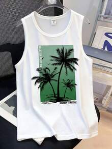Boys' Knitted Simple Sleeveless Tank Top Suitable For Summer, Classic Coconut Tree Vacation Pattern Print, Suitable For Vacation, Suitable For Seaside, Suitable For Beach - White - View 2