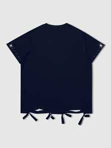 ROMWE MEN Goth Men's Streetwear American Style Cross Rhinestone Hem Distressed Short Sleeve T-Shirt - Navy Blue - View 2