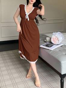 SHEIN 女款深V領蝴蝶結睡袍 - 鏽棕色 - 查看 6