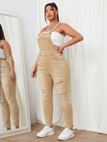 SHEIN EZwear 大码女式口袋破洞修身牛仔连体裤 - 卡其色 - 查看 3