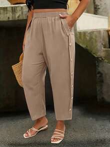 Linhara CURVE Plus Size Women's Casual Fashion Side Seam Coconut Button Decor Long Pants Fall - Khaki - View 4