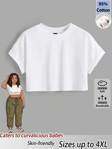 SHEIN BASICS 休閒簡約圓領 95% 棉大尺碼短版 T-Shirt，適合夏季 - 白色 - 查看 1