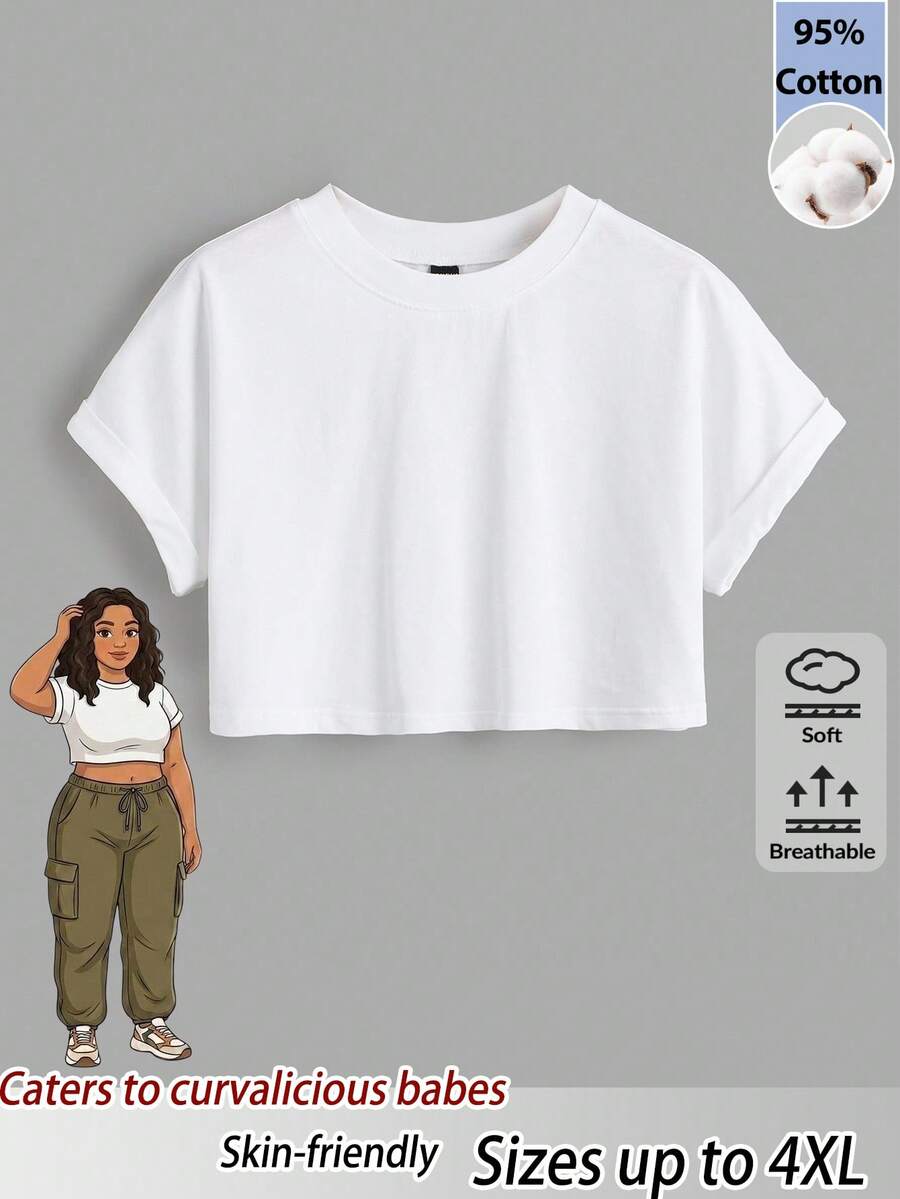 SHEIN BASICS 休閒簡約圓領 95% 棉大尺碼短版 T-Shirt,適合夏季 - 白色 - 查看 1