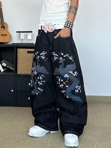 STEELVANCE Streetwear Retro Fashion Versatile Distressed Embroidered Design Loose Straight Wide Leg Casual Denim Jeans (Belt And Accessories Not Included) - Black - View 5