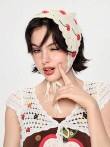 ROMWE Kawaii Boho 1pc Knitted Cherry Design Music Festival Bandana Headband Strawberry Valentine's Day Valentines Hair Scarf, Headscarf Fall Winter Hair Band Hair Accessories For Women For Vacation Outfits Woman Summer Outfits - Beige - View 1