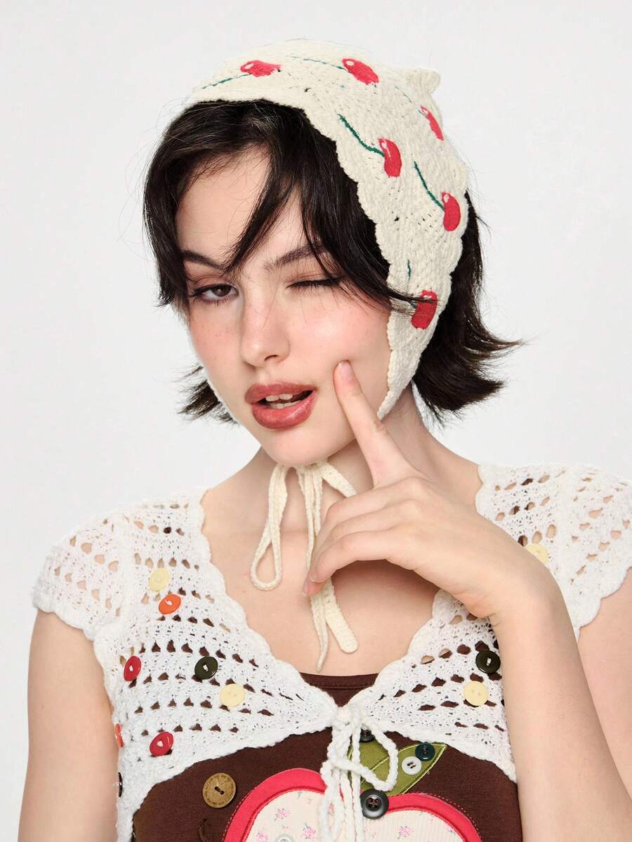 ROMWE Kawaii Boho 1pc Knitted Cherry Design Music Festival Bandana Headband Strawberry Valentine's Day Valentines Hair Scarf, Headscarf Fall Winter Hair Band Hair Accessories For Women For Vacation Outfits Woman Summer Outfits - Beige - View 1