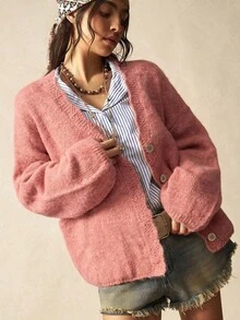 Bohemela 女款百搭長袖復古寬鬆單排釦針織開襟外套 - 藕粉色 - 查看 4