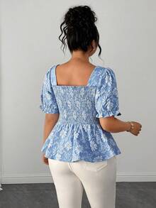 Elenzga Blusa Elegante de Mangas Bufantes com Gola Quadrada, Textura Jacquard, Cintura Franzida e Bainha com Babado, Adequada para Encontros e Uso Diário, Plus Size - Azul - Visão 2