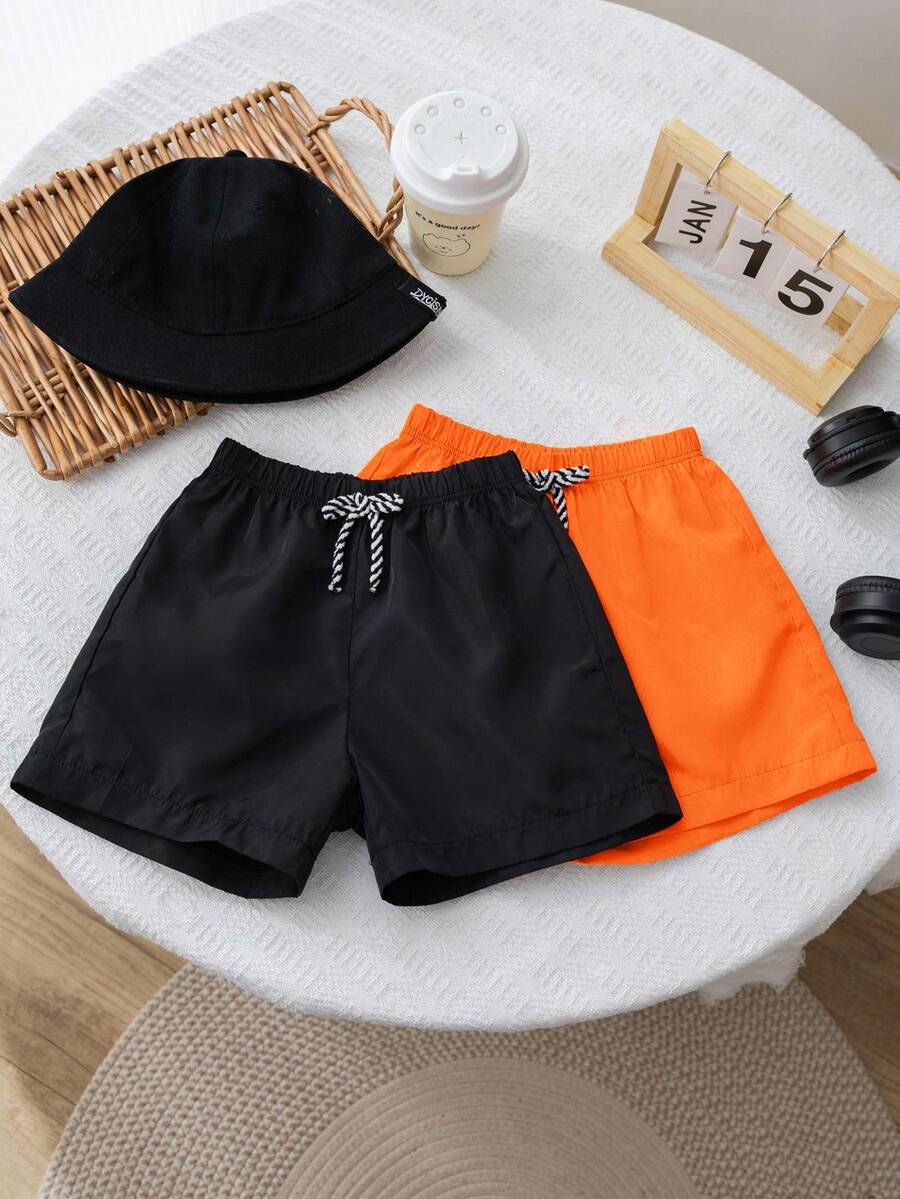 SHEIN 2件套男童休闲舒适时尚简约实用可爱柔软透气短裤，适合度假、日常、上学、旅行、运动、春夏季男童泳装
