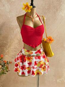 Soleia Orange Halter Top & Printed Mini Skirt Women's 2 Pieces Set Vacation - Red - View 6