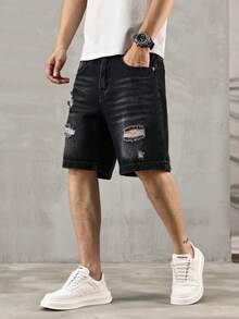 QuarKem Celana Pendek Denim Kasual Longgar dengan Saku Sobek Polos untuk Pria, Cocok untuk Nongkrong, Pesta, Liburan, dan Jalanan - Dark Grey - View 3
