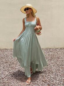Livesso Women's Solid Color Pleated Casual Boho Party Vacation Midi Dress Sundress Sage Green Summer - Gray Blue - View 2
