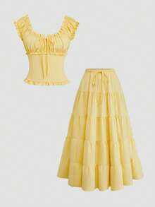 Sweetra Plus Size Women's Casual Cottage Core Solid Color Top And Skirt, Spring/Summer 2-Piece Set Vacation Butter Yellow - Yellow - View 1