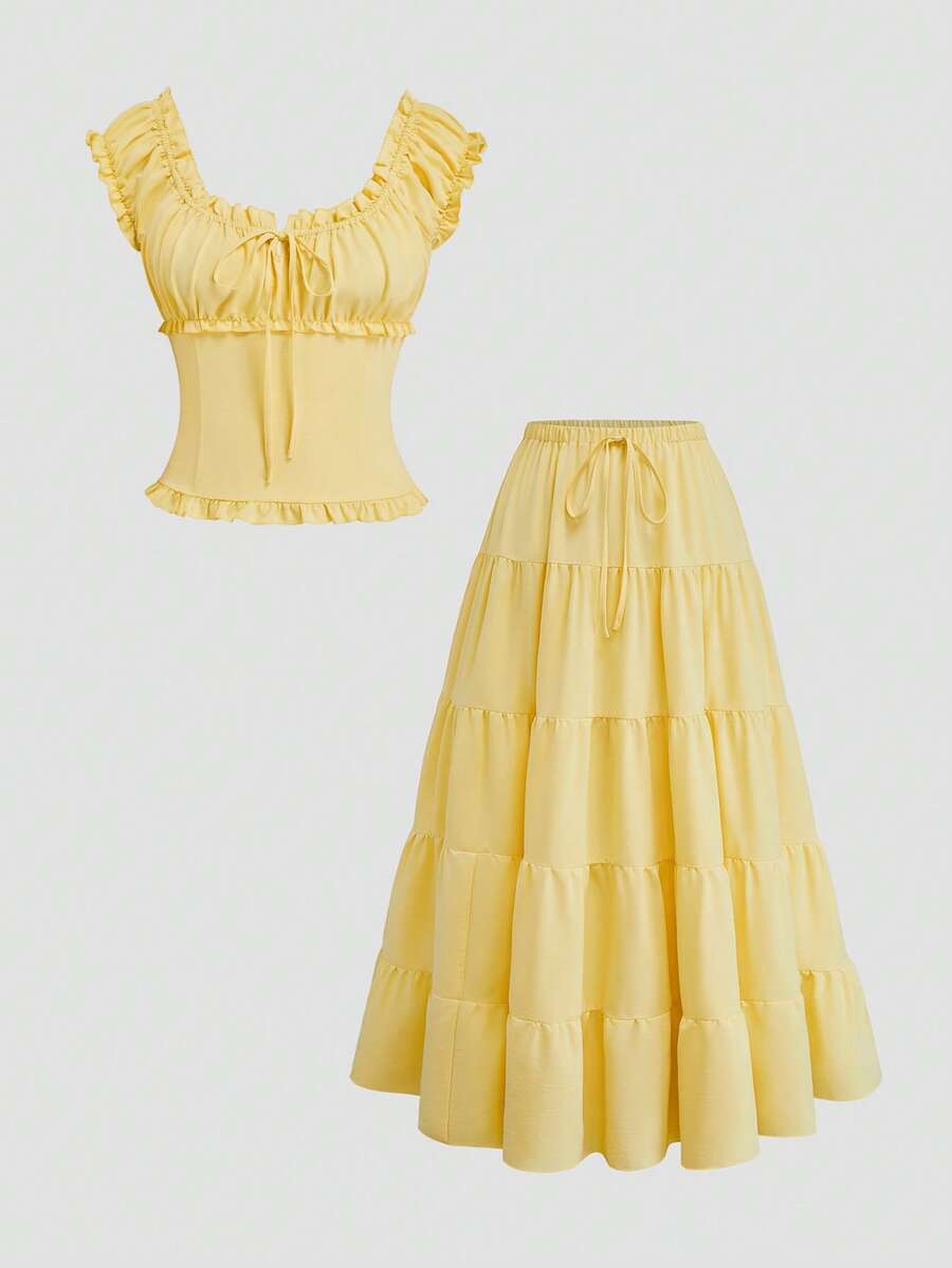 Sweetra Plus Size Women's Casual Cottage Core Solid Color Top And Skirt, Spring/Summer 2-Piece Set Vacation Butter Yellow - Yellow - View 1