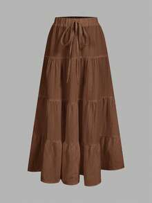 SHEIN Tall CURVE CURVE Plus Size Women's Brown Drawstring Waist Skirt, High-Waisted Boho Smart Casual Long Skirt,Autumn Picnic Vacation Fall - Brown - View 3