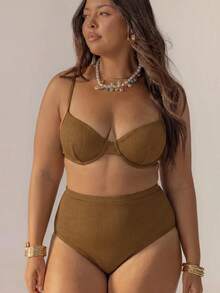 Aralina Curve Cute Striped Underwire High Waisted Bikini Set With Swim Bag For Vacation And 4th Of July Perfect For Summer Outfits And Beach Days - Brown - View 7