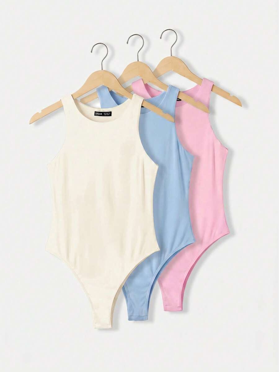 SHEIN BASICS 3件組休閒極簡基礎圓領無袖修身純色針織女款連身衣，日常度假穿搭，白色、水藍色、淺粉色，夏季款