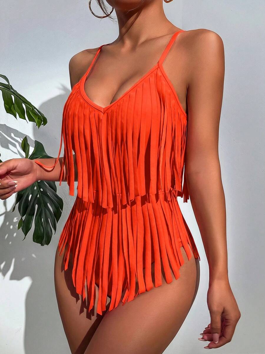 Slaydiva Solid Color Tassel One-Piece Swimsuit For Vacation Beach - Coral Orange - View 1
