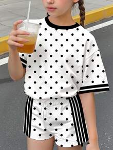 SHEIN LMoss Kids 少女休閒時尚圓領短袖波點T恤與休閒短褲兩件套，適合夏季、休閒放鬆、返鄉 - 彩色 - 查看 3