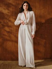 Anewsta Women's Sheer Mesh Ruffle Collar Sexy Long Sleeve Blouse Golf White Autumn - White - View 5