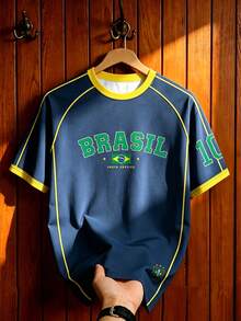 Aesthetic Post 大尺碼男款復西足球球衣，美國 BRASIL 10 號印花上衣，中性圖案 T 恤，男士時尚運動上衣，足球，足球配件 - 彩色 - 查看 3