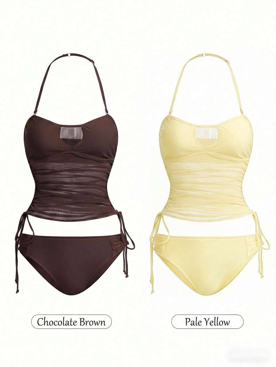 SHEIN 2套女款性感海灘度假風素色抽繩抓皺扭結掛脖式坦基尼泳衣 - 彩色 - 查看 1