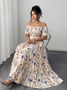 Elenzga Boho Plus Size Long Dress Apricot Random Print Off Shoulder A Line Flared Hem Shirred Puff Sleeve For Women - Apricot - View 7