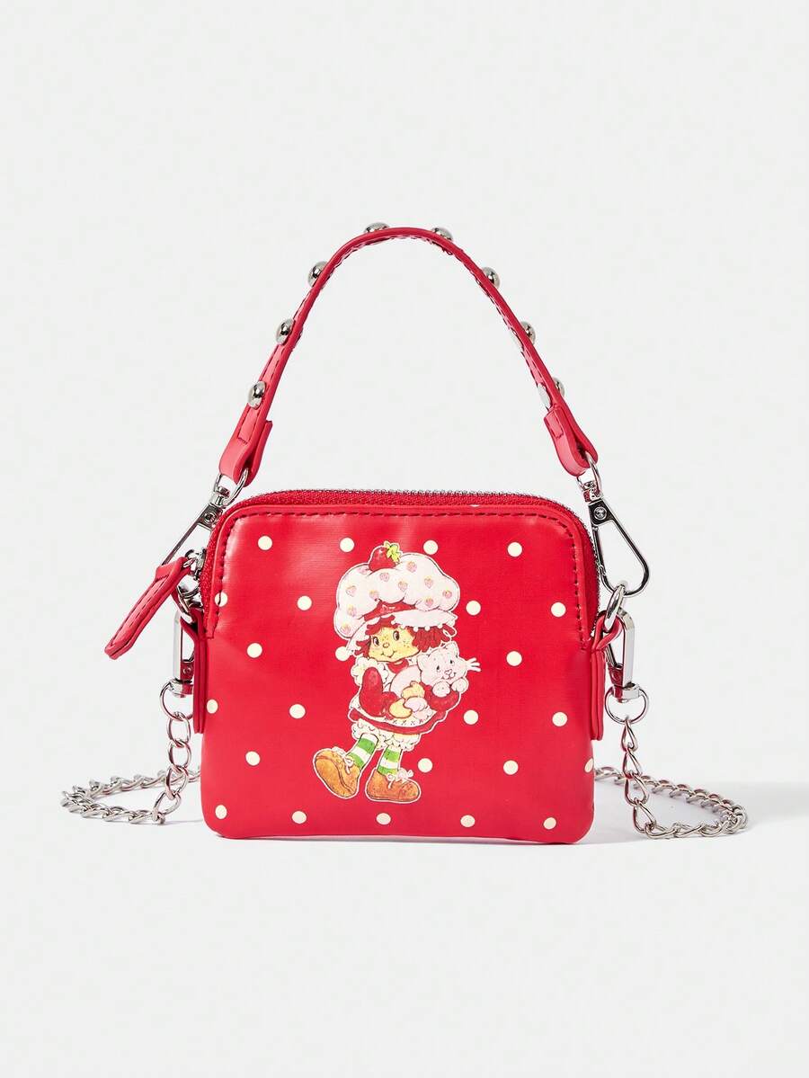 Strawberry Shortcake X SHEIN Ladies' Fashionable Sweet Retro Red And White Polka Dots Cartoon Printed Rivet Handbag, Shoulder Bag, Small Messenger Bag (Three-In-One Style) - Red 4 - View 1