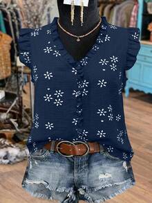 EMERY ROSE Blusa de talla grande con cuello en V, sin mangas, con volantes y bordado falso - Azul Marino - Ver 6