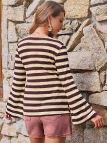Boho Mama Maternity Striped Long Sleeve Front Tie Casual T-Shirt Going Out Autumn BOHO Fall - Khaki - View 3