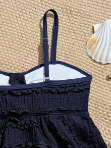 SHEIN 女童兩件式分開式泳衣，時尚休閒優雅成熟淑女風，適合游泳、夏季度假、海灘、海邊、泳池、夏季假期派對、休閒出遊 - 藏蓝色 - 查看 3