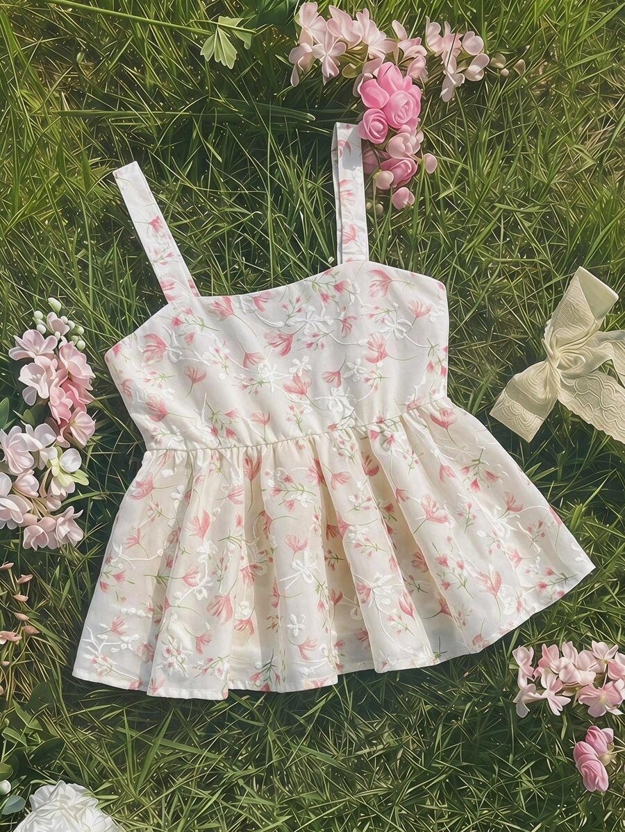 SHEIN 少女纯粉色刺绣荷叶边吊带背心,夏季服装,夏季粉色上衣 - 粉色 - 查看 1
