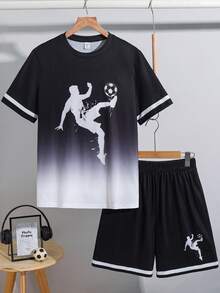 SHEIN 青少年男孩寬鬆街頭風短袖短褲套裝，適合生日派對、晚會、表演、婚禮、洗禮、開幕典禮，適用於日常穿著、上學、旅行、運動，適合春夏季穿搭 - 彩色 - 查看 7