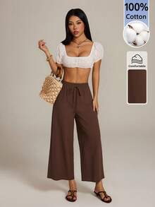 SHEIN PETITE 女士休闲棉麻混纺九分裤，卡其色，适合返校、教师制服、秋季穿着，松紧腰设计，棕色阔腿裤，女士亚麻裤，宽松裤 - 棕色 - 查看 7