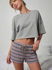 WESTFADE Mid Rise Tie Front Textured Knit Striped Lounge Shorts, Country Style For Women, Summer, Beach, 4th Of July, World Cup - Multicolor - View 2