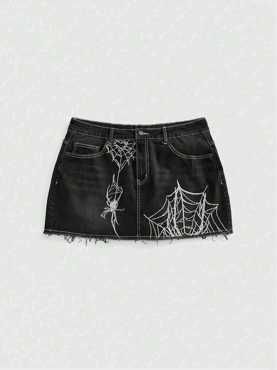 ROMWE Grunge Punk 深色蜘蛛網刺繡多功能高彈性緊身大尺碼牛仔迷你裙(內含內襯短褲) - 黑色 - 查看 1