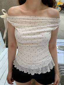 DAZY Women's Polka Dot Print Off-Shoulder Fashion Pleated T-Shirt - White - View 8