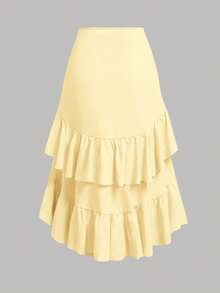 SHEIN Girlism Tween Girl Loose Casual Layered Ruffle Asymmetrical Hem Midi Skirt - Yellow - View 2