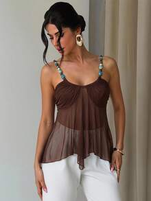 Top camisola elegante bohemio para vacaciones de mujer, decoración de cuentas marrones, dobladillo en línea A, malla de punto transparente, estilo callejero boho, vibra tropical sexy - Marrón - Ver 9