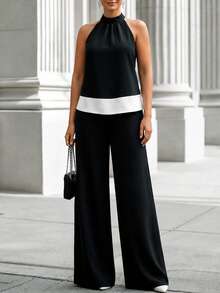 SHEIN LUNE CURVE Women's Plus Size Black & White Color Block Halter Neck Tank Top & Loose Wide Leg Long Pants, Casual Daily Outing 2-Piece Set, Elegant Business Vintage French Street Style, Graduation Season, Beach Vacation Summer New 2-Piece Set - Black and White - View 5