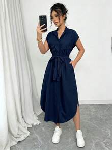SHEIN Raffinéa Gaun Elegan Tanpa Lengan dengan Belahan dan Pita Warna Polos untuk Wanita - Royal Blue - View 8