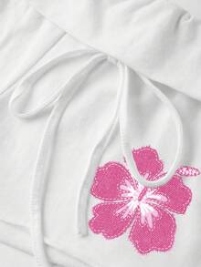 SHEIN EZwear 休閒簡約粉色花卉印花圖案女款短褲，適合夏季 - 白色 - 查看 7