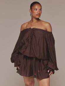 MUSERA Curve Brown Bardot Off Shoulder Lace Up Front Long Sleeve Playsuit - Brown - View 1