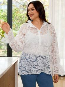 EMERY ROSE Women's Plus Size Lace Long Sleeve Top Autumn Wedding Tea Party Formal Evening Night Brunch Birthday Dinner Casual Elegant Fall All White - White - View 6